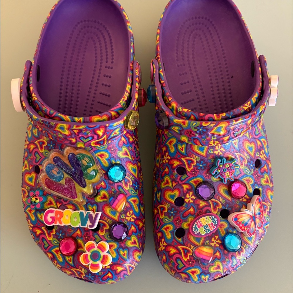 CROCS Purple and Yellow Mules with Ventilation Holes - Lisa Frank collab!